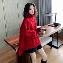 Autumn Winter Outwear Sweater Woman 2020 New Korean version loose with high collar Lazy Red Coarse Twist Front Short Rear Long Blouse