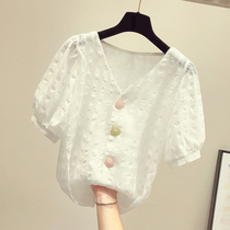 South Korea Plaid White Snow-spinning Jersey Woman Summer Short loose with slim short sleeves Fashion foreign air design Sensation Little blouse