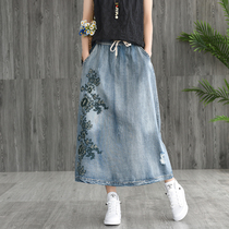 Garden beauty clothes summer new literary embroidery elastic denim skirt Joker slim long A- line dress skirt