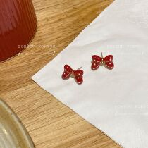 S925 silver needle autumn winter red butterfly knot ear nail cute teenage girl sweet and beautiful 100 lap soft girl earrings wave point earrings