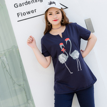 Fat mm200 kg summer short sleeve loose medium long flamingo print T-shirt small V collar plus size womens clothing
