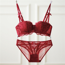 Female bra sexy lace thin cup steel ring half cup small chest gathered retro bow underwear set red