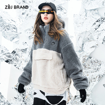 ZBJ stand collar hooded splicing demolition of lamb cashmere national tide matching pullover men and women couples loose Lamb hair