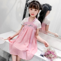 Court style childrens short-sleeved dress 2021 new girls  middle and large childrens embroidery chiffon skirt fairy princess dress