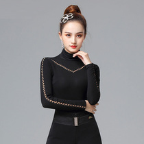Dampao Rogao Collar Spring Autumn Lady Long Sleeve Latin Dance Blouse Morden Dance Floor Shirt Black National Mark Dance Practice Service
