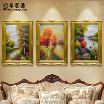 Landscape oil painting hand-painted European living room decorative painting porch large murals horizontal version restaurant American triple hanging painting customization