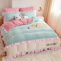 Teenage Girl Hearts Spring Autumn Milk Crystal Suede Four Pieces Double Face Coral Suede Flannel Quilt Princess Wind Bed Accessories