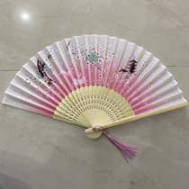 Chinese style fan cloth folding fan pink rabbit pagoda flower dance fan gift fan craft fan