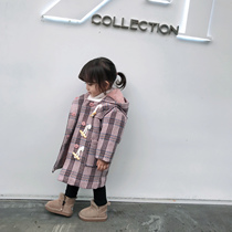 Hong Kong girl coat plus velvet thick long new female baby horn buckle plaid coat coat coat