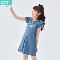 Inman Boy Clothing Girl Denim Dress Embroidered Butterfly Cake Sleeves Children Foreign Air Dress Summer 2022 New