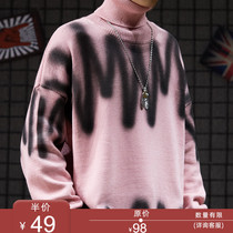 Winter turtleneck sweater male couple loose lazy wind ins National tide Hip-hop graffiti dark base sweater