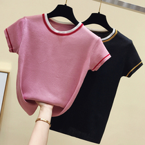 Round neck ice silk T-shirt female 2020 summer slim slim stretch top Joker Korean pullover fashion knits