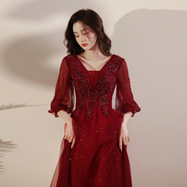 Toast to the summer pregnant woman 2022 new wine red long sleeve betrothed woman Slim Bride Covered Arm Night Gown Dress