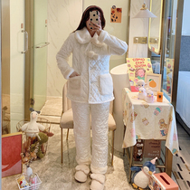 Coral Suede Pajamas Woman Autumn winter three-layer clip cotton padded jacket thickened with velvety warm gold drilling suede Home Suits New Suit