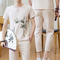 Summer China Wind Suit Men V Collar Short Sleeve T-shirt Embroidery Set Clothes Summer Clothing Casual Retro Cotton Linen Two Sets
