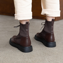 Martin boots womens British style autumn and winter 2021 new leather flat boots all-match black plus velvet booties women