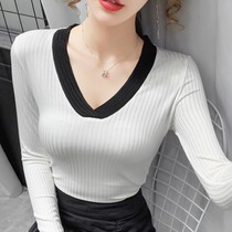 Sanskrit 2022 new undershirt womens spring foreign air workout V collar blouses high elastic long sleeves inner lap knitwear