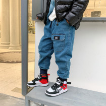 Rice Xiaofan 2019 winter new childrens clothing childrens threaded hems plus velvet jeans boys warm trousers tide