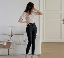 Korean foreign style fashion Chibi Maruko 11 autumn and winter female black blue thin pencil jeans trousers