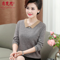Middle-aged female turned-collar knit undershirt foreign air mom in spring dress Long sleeve blouse for middle-aged loose big code sweaters