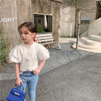  Girls bubble sleeve top 2021 summer Korean version of childrens female baby white pure cotton short-sleeved stand-up collar shirt Western style
