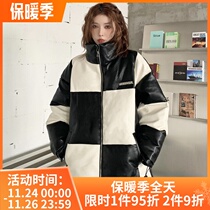 NEIGBORL Tide brand splicing black and white checkerboard grid winter cotton padded men and women couples stand collar wash PU leather clothing