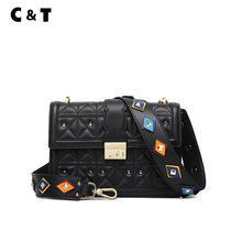 Leather Lingge small square bag women 2021 New Tide wide shoulder strap autumn and winter fashion Joker cowhide shoulder shoulder bag