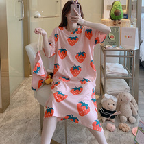 Sleeping Dress Woman Summer Pure Cotton Short Sleeve Cute Strawberry Big Code Fat Mm Loose Pregnant Woman Sleepwear Skirt Summer Thin Lady