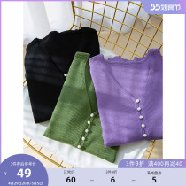 (Qingkura RMB60 ) Large code Female Dress Fat Sister Spring Dress Anti-Walking Light Nail Button Hollowed-out V Collar Pit Strip Knitwear