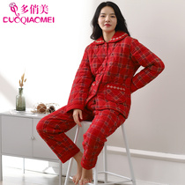 Multiplayful Beauty Autumn Winter Pyjamas Woman Pure Cotton Triple thickened clip cotton can outwear Home Clothing Red Plaid Thick Cotton Padded Jacket