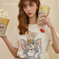 OZLANA cat and mouse joint summer couple retro printing short-sleeved crew neck T-shirt WOMENs loose top