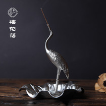 Pure tin crane lotus leaf creative thread incense inserted living room decoration home wine cabinet decoration porch crafts display tin carving
