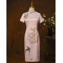 Pink fresh and elegant cheongsam women 2021 New retro Chinese style print daily wear autumn