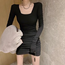 2021 early autumn new square collar slim black sweet dress womens long-sleeved sexy little man hip skirt