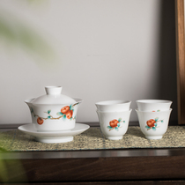 Runrui hand-painted Persimmon Sansai Gaiwan Teacup Jingdezhen Persimmon Ruyi handmade thin tire tea teacup tea set