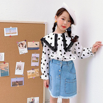 Girls polka dot shirt 2021 spring new Korean version doll collar sweet top Girls spring inner tie base shirt