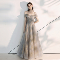  2021 new one-shoulder evening dress banquet temperament toast dress bride host dream annual meeting dress skirt female