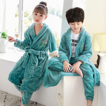 Autumn and winter boys and children flannel pajamas girls dressing gowns set Middle and big Children Baby coral velvet home clothing