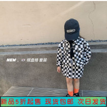 2022 Spring Summer New Childrens Chessboard Lattice Pieces Jacket Male Girl Ocean Gas Jacket Skirt Two Suits Tide Fan Spring Dress