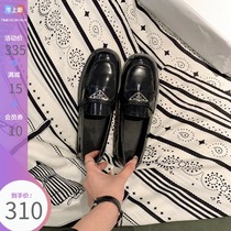 (Lv Xiaobu) Thick-bottom Triangle Standard Lofu Shoes Leather Thick-heels Small Leather Shoes Black British Style One Pedal Shoes