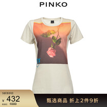 PINKO Women Fashion Trend Joker Casual Rose Print Round Neck Short Sleeve T-shirt Top 1G14X2Y5B7