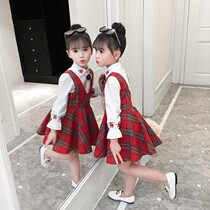Girls dress spring and autumn 2021 new childrens long sleeve shirt big childrens vest skirt Korean version of foreign style two-piece skirt
