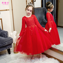 Girl princess dress spring and autumn 2021 New Girl long sleeve puffy gauze dress flower girl red dress foreign style