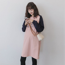 Fashion maternity dress spring and autumn coat Korean color long dress dress cotton T-shirt casual dress tide