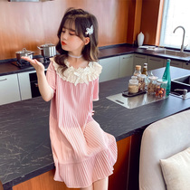 Childrens night dress Summer dress Girls  pajamas Pure cotton thin section net red girl princess cute super cute childrens home clothes