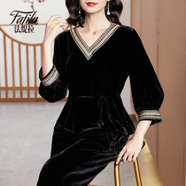 Western-style mother silk velvet top womens three-quarter sleeves autumn clothes new loose large size mulberry silk shirt all-match