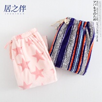  Japanese couple flannel pajamas autumn and winter thickened warm men loose home pants women coral velvet trousers large size