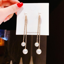 Korean New temperament Pearl tassel earrings long 2020 simple versatile eardrop High sense Net red ear ornaments tide