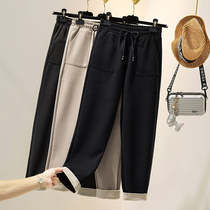 Large size womens clothing 2021 autumn and winter New woolen pants fat sister slim covering meat loose straight tube thick Haren pants