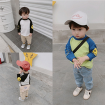 Cute childrens clothing 2021 boys and girls spring dress shoulder sleeve smiley face T-shirt children wild bottom t baby coat tide